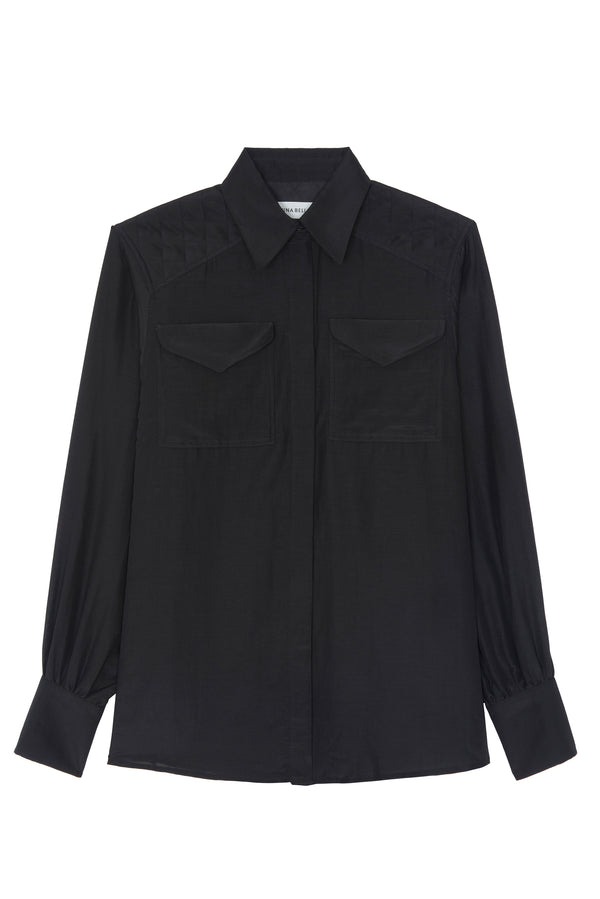 Black silk shirt with an oversize fit and chest pockets