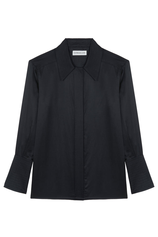 Black cotton silk shirt with stitched collar and cuffs
