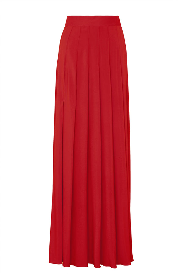 Maxi length red silk skirt for an alluring look