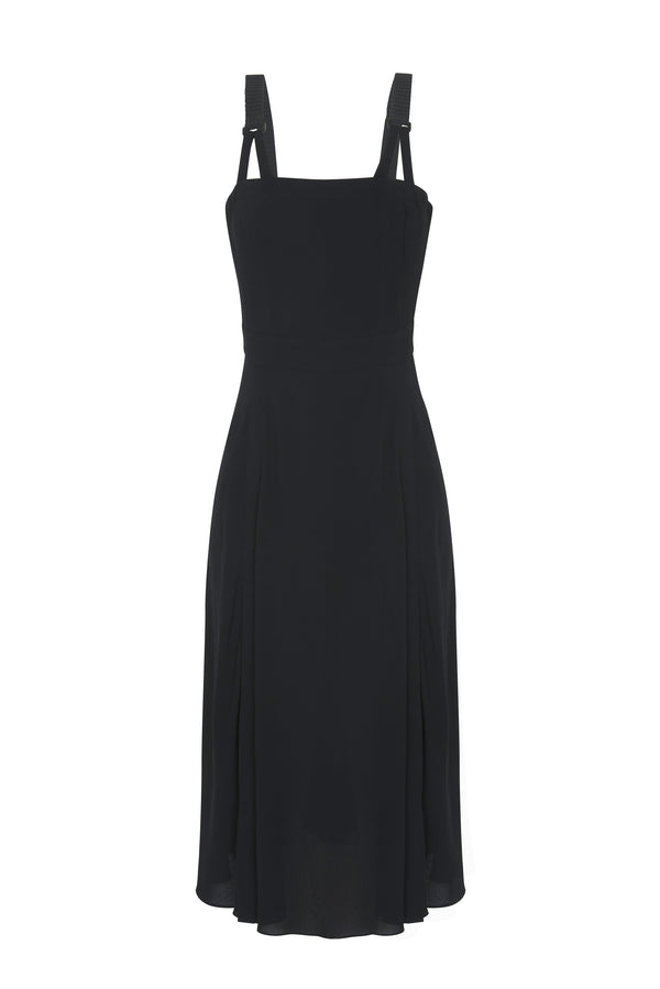 Delicate romantic black mid-length dress with cinched waistline