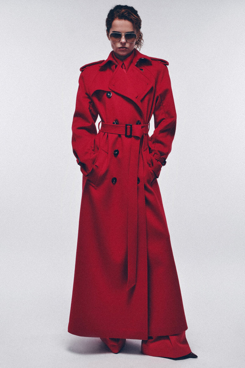 Red coat apparel in wool for cold seasons