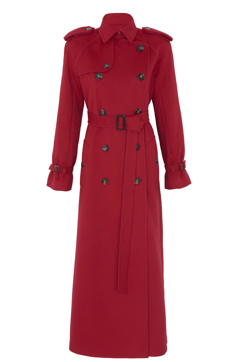 Red coat apparel in wool for cold seasons