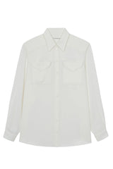 White silk shirt with an oversize fit and chest pockets