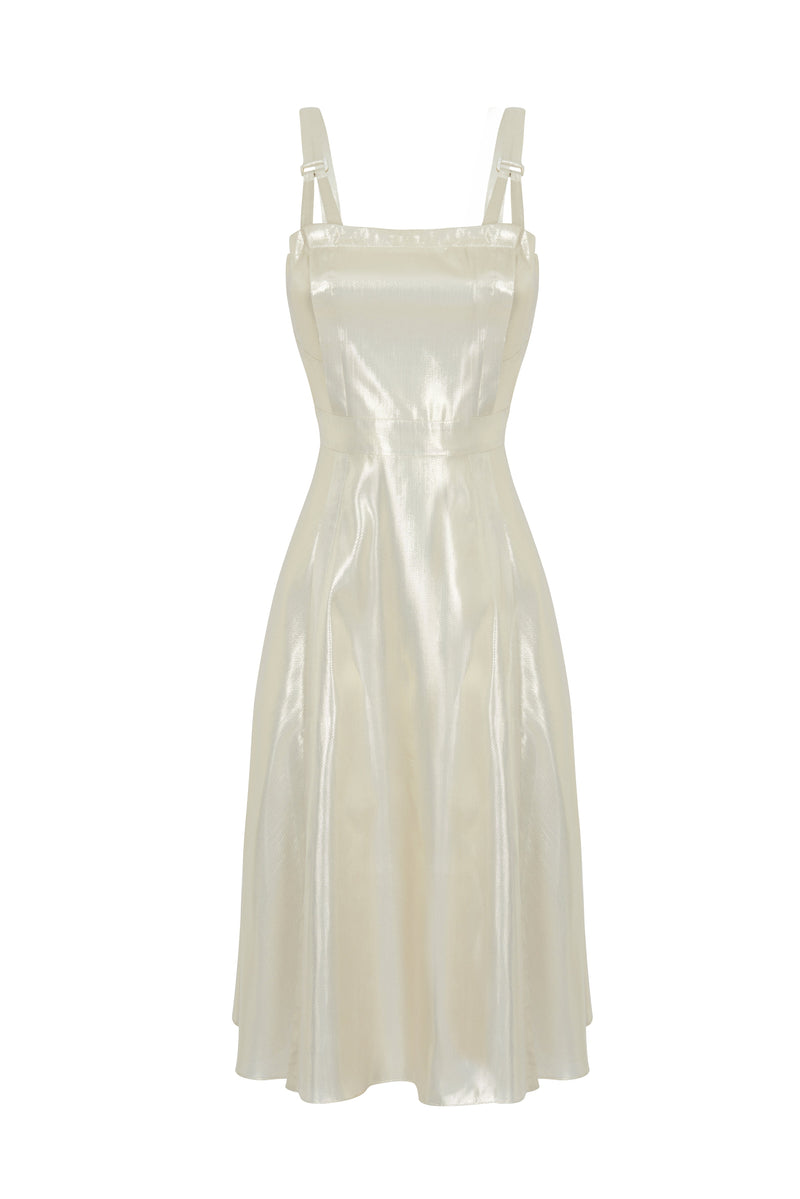 Delicate romantic gold mid-length dress with cinched waistline
